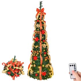 6 FT Fully Decorated Pre-lit Christmas Tree, Pop Up Artificial Xmas Tree With 150 Warm Lights Battery Operated And Red & Golden Ornaments For Hom (Option: aspicture)