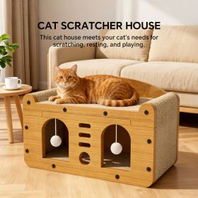 Cat Scratcher House with Bed and Hanging Pom-Pom Toy, Wooden Cat Cave with Corrugated Scratching Board (Color: C-SFSM56)