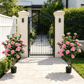 Set of 2 39.5-Inch Artificial Camellia Trees with Orange Blossoms in Cement Pots for Home Decor (Color: Pink & Green & Black)