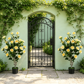 Set of 2 39.5-Inch Artificial Camellia Trees with Orange Blossoms in Cement Pots for Home Decor (Color: Yellow & Green & Black)