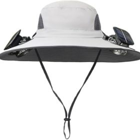 Solar Fan Hat Rechargeable 2Detachable Solar Fans,Water-Repellent Wide Brim Bucket Hat, Outdoor Camping Hiking Golf Sun Hat (Color: LightGray)